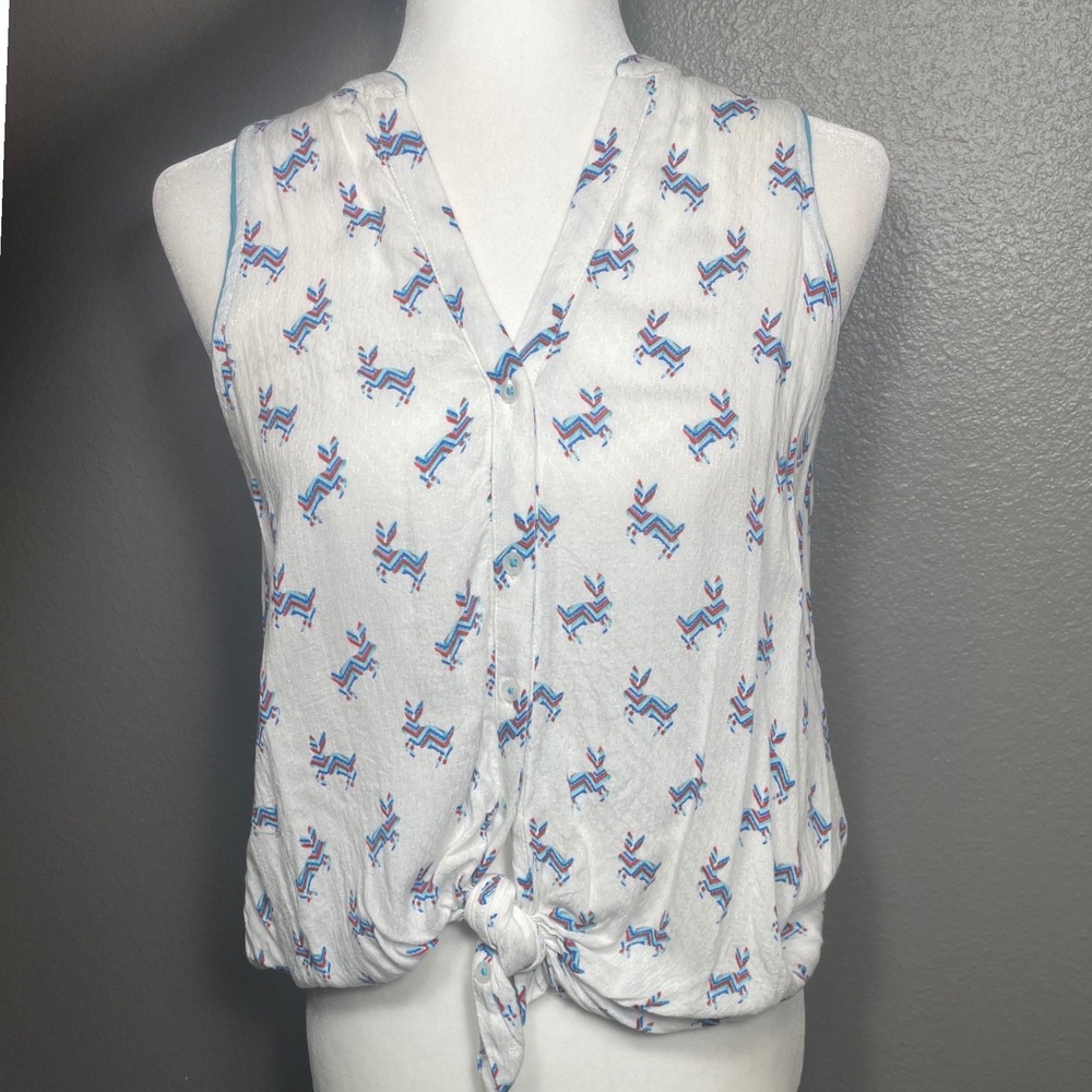 Maeve Anthropologie Rabbit Print Sleeveless Tie Front Top White Blue Red Size‎ 4